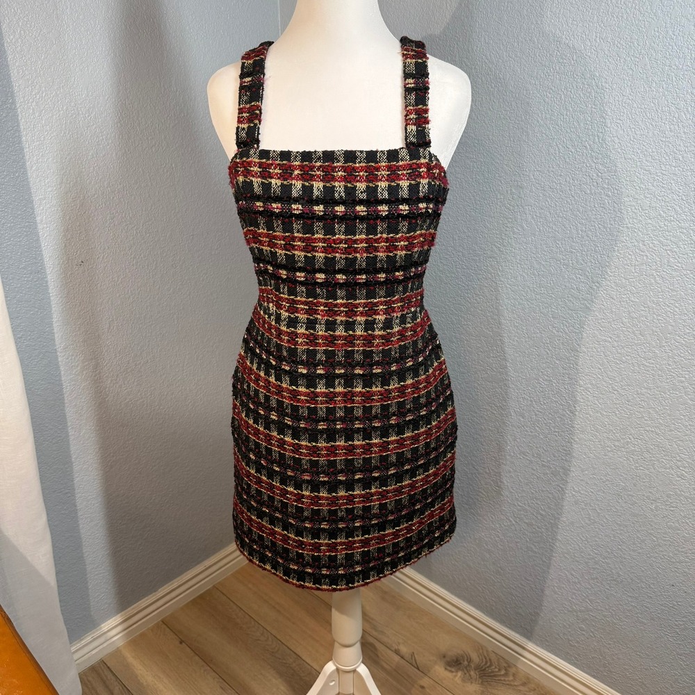 House of Harlow 1960 Plaid Tweed Mini Dress Square Neck Straps Black Red Gold